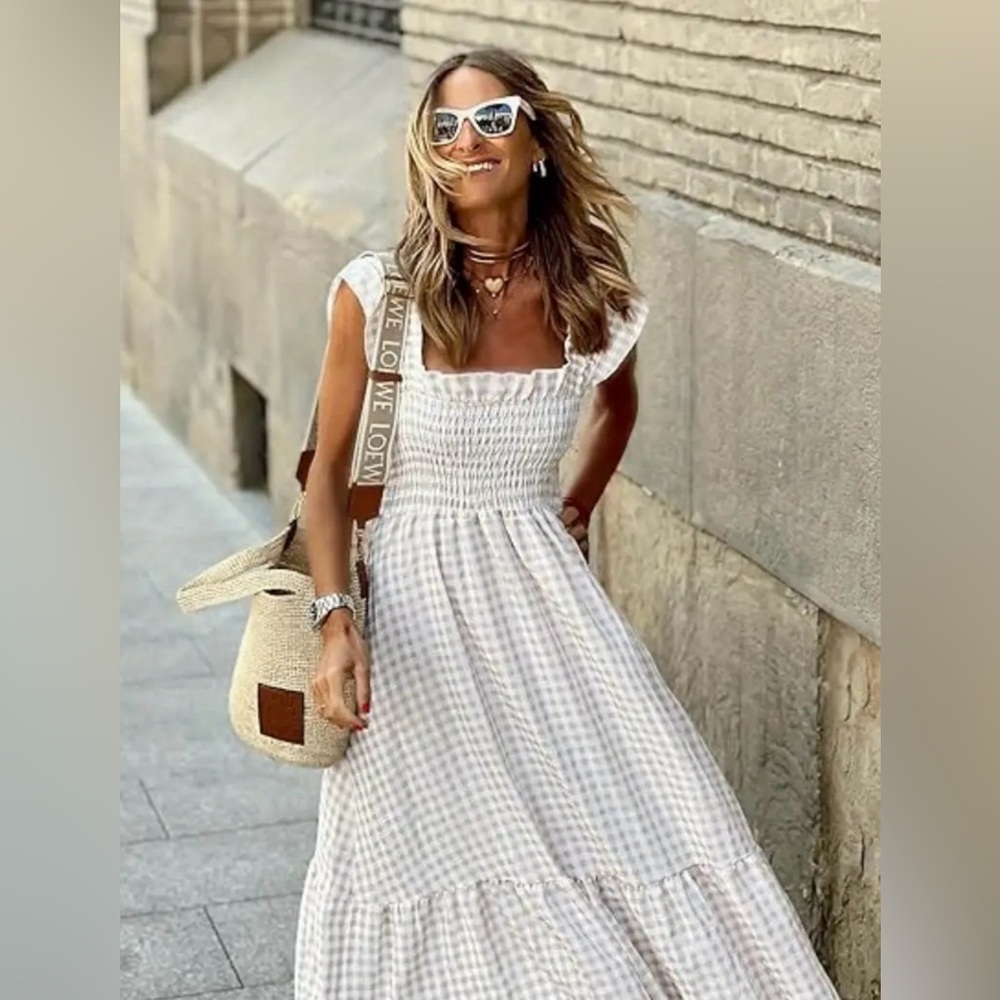 New Boho Cream Gingham Maxi Dress with Ruffle Sleeves Women’s Large